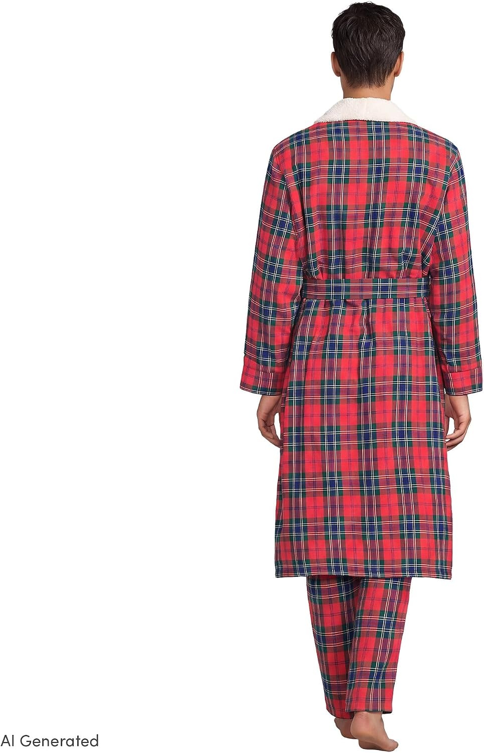 image:imageLands End Mens Sherpa Fleece Lined Flannel RobeCompass RedPine Plaid