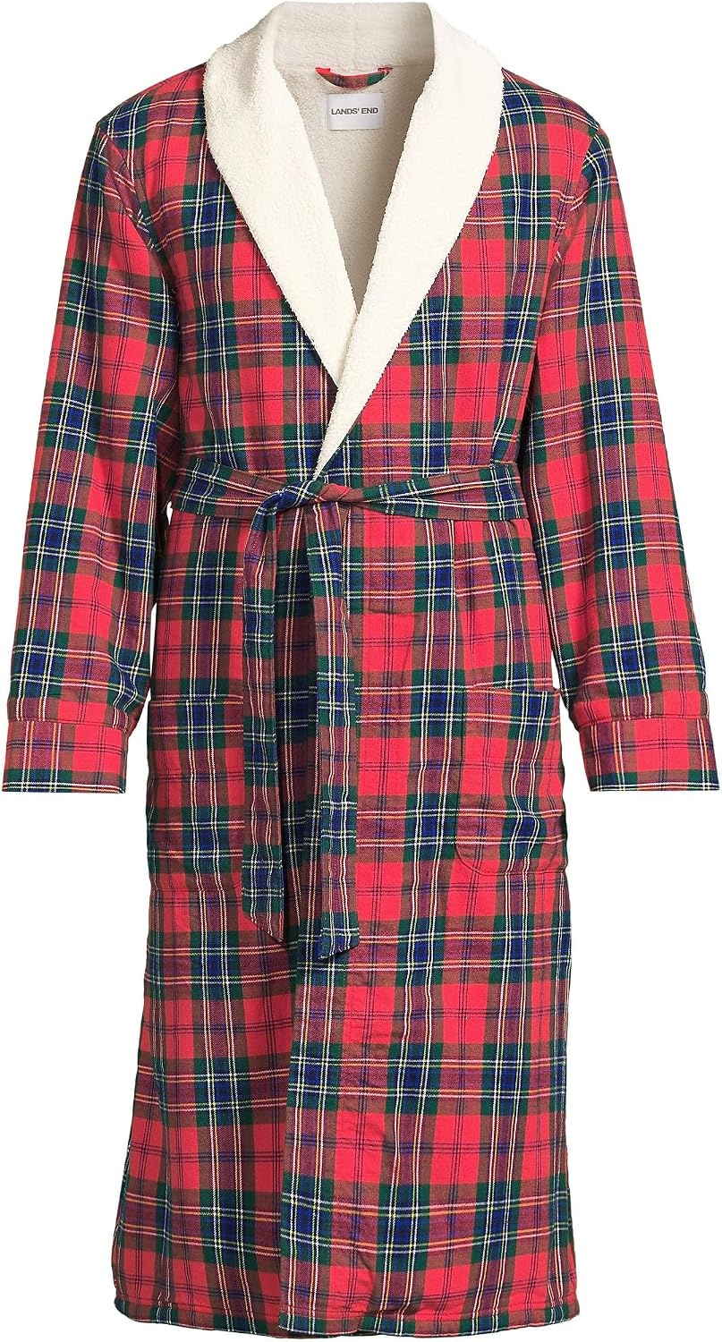 image:imageLands End Mens Sherpa Fleece Lined Flannel RobeCompass RedPine Plaid