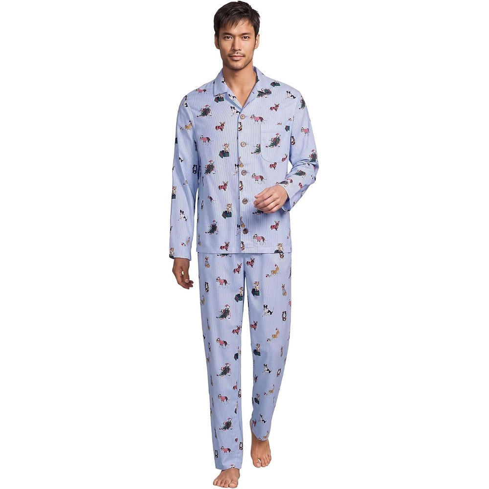 image:imageLands End Mens Flannel Pajama SetHoliday DogsBlue Stripe