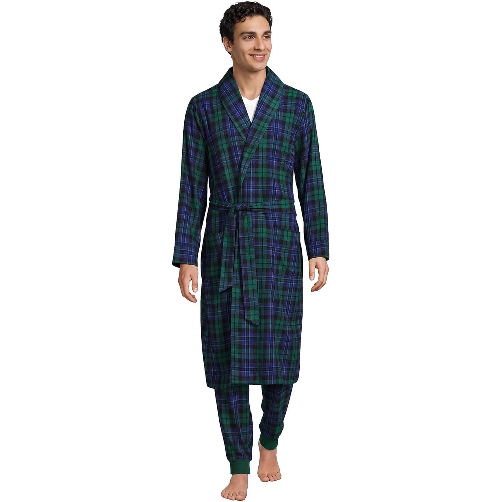 image:imageLands End Mens Flannel Sleepwear RobeLiberty BluePine Blackwatch