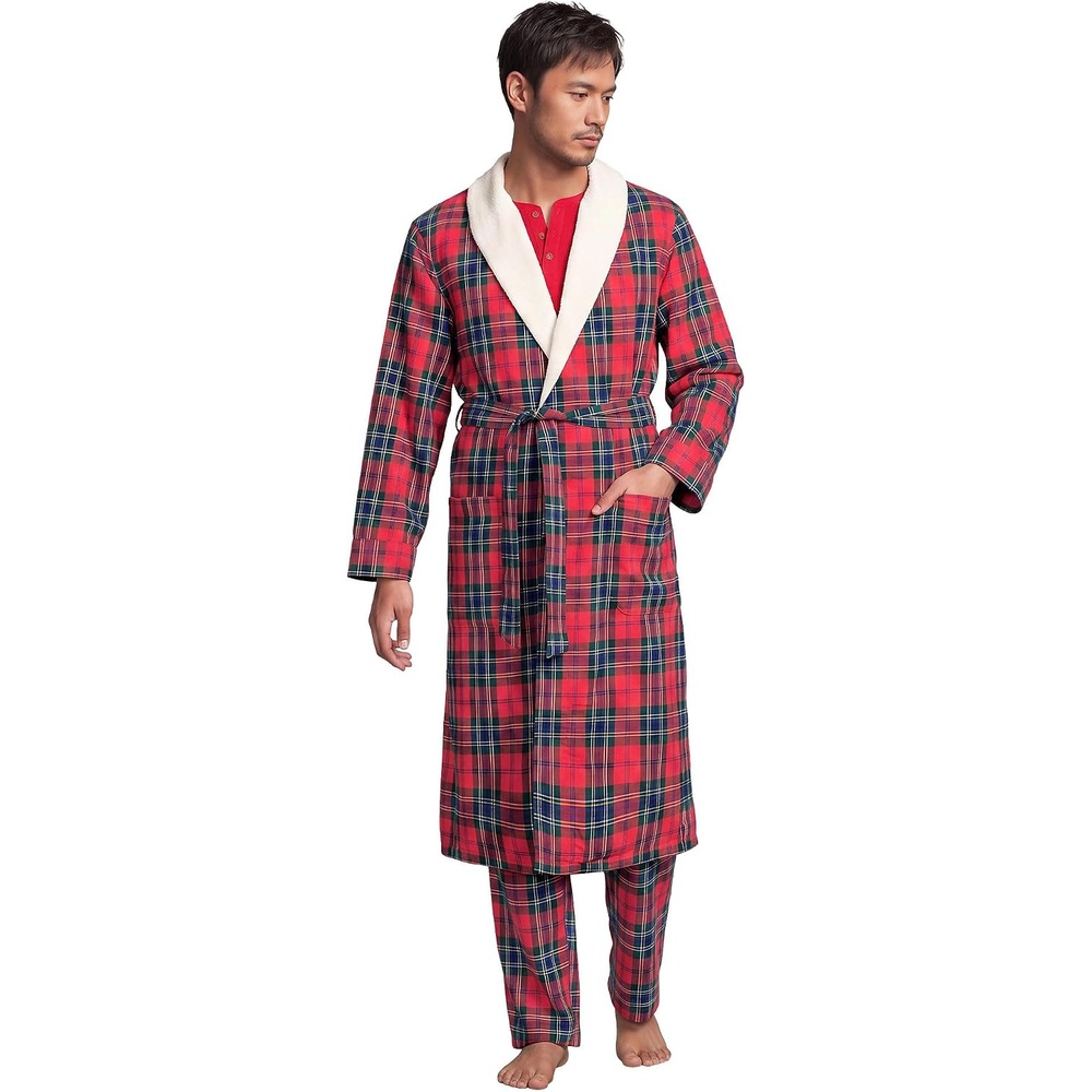 image:imageLands End Mens Sherpa Fleece Lined Flannel RobeCompass RedPine Plaid