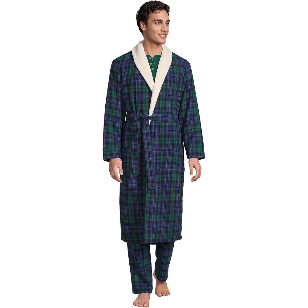 image:imageLands End Mens Sherpa Fleece Lined Flannel RobeLiberty BluePine Blackwatch
