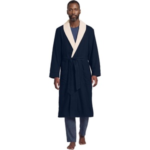 Lands’ End Men’s Sherpa Fleece Lined Flannel Robe(Radiant Navy)